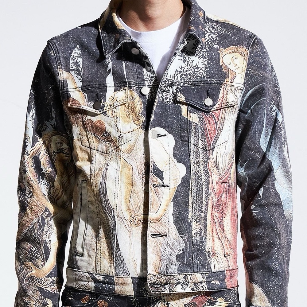 Lifted Anchors Men's Renaissance Art Print Denim Jacket Small Leopard Lined